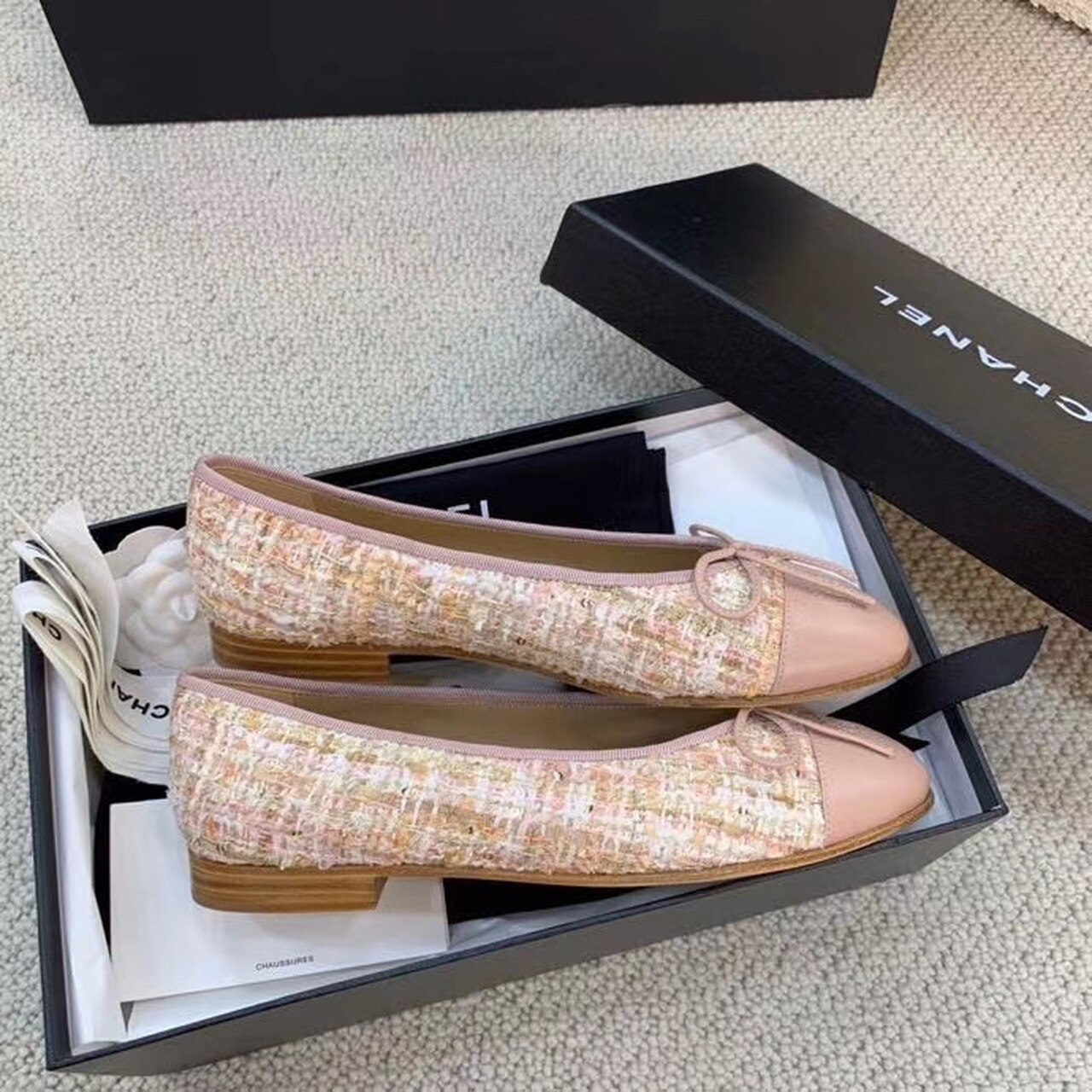 Ch**el Ballerina Flats Tweed and Grosgrain Light Pink For Women, Women’s Shoes G02819