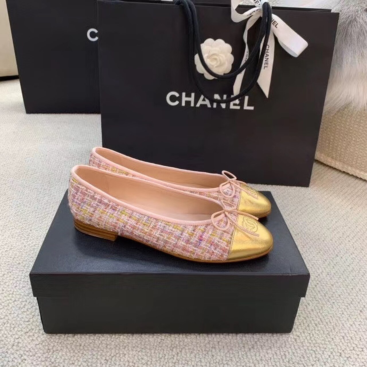 Ch**el Ballerina Flats Tweed and Grosgrain Pink/Gold For Women, Women’s Shoes G02819