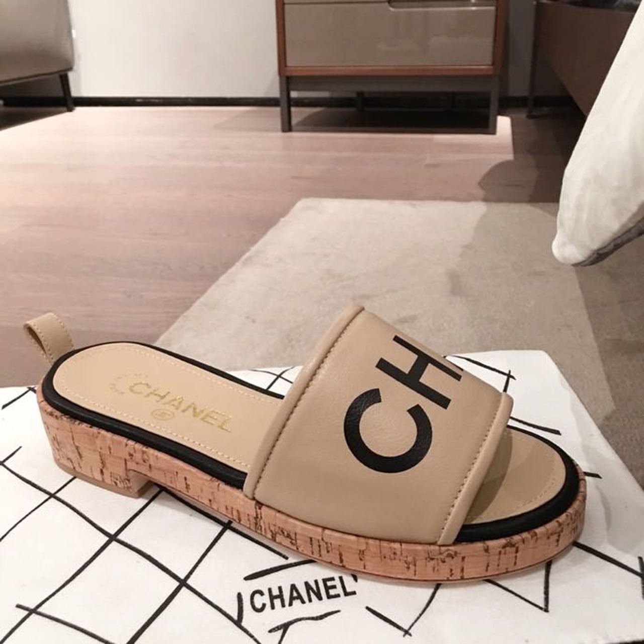 Ch**el Woven Chain Cork Sandals Tweed Beige/Black For Women, Women’s Shoes