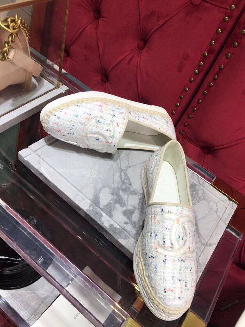 Ch**el Tweed/PVC CC Logo Espadrilles White For Women, Women’s Shoes