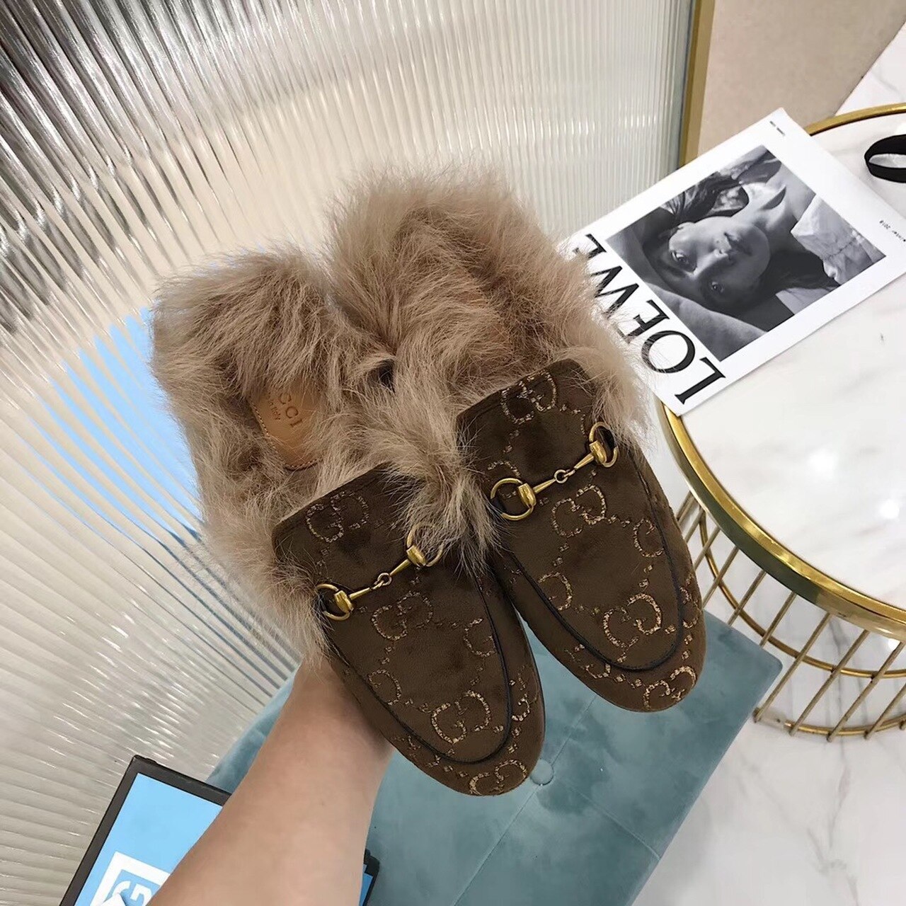Gvc*1 Princetown Velvet Fur Slipper Mules 448657 Calfskin Leather Pre-Fall/Winter Collection, Brown