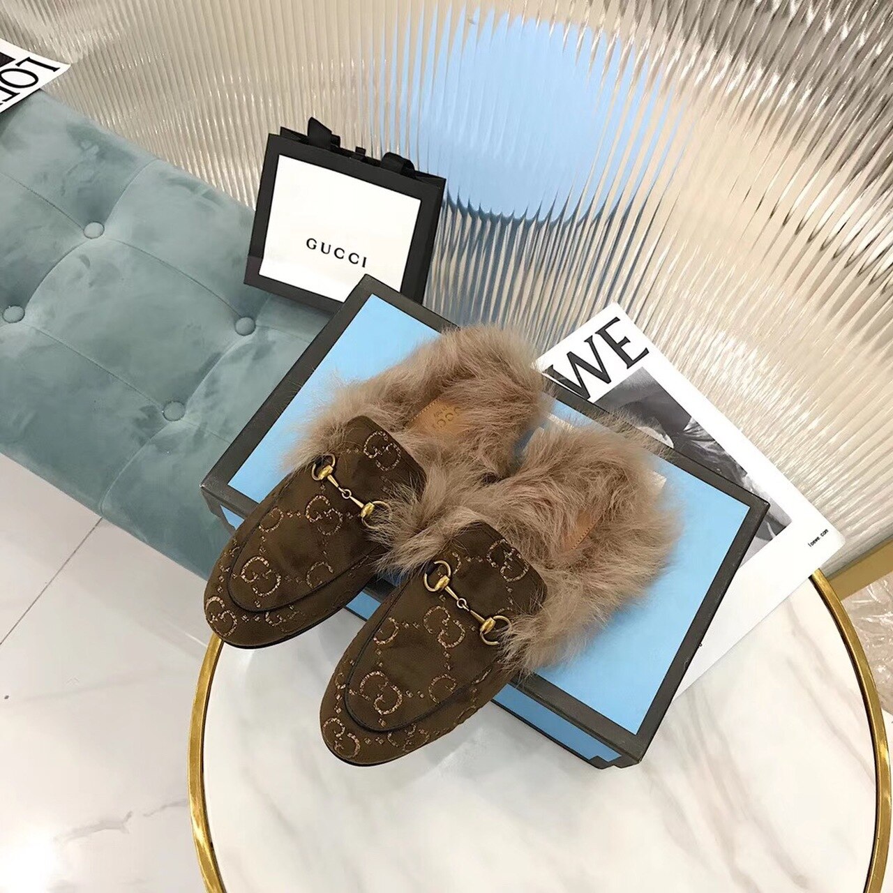 Gvc*1 Princetown Velvet Fur Slipper Mules 448657 Calfskin Leather Pre-Fall/Winter Collection, Brown