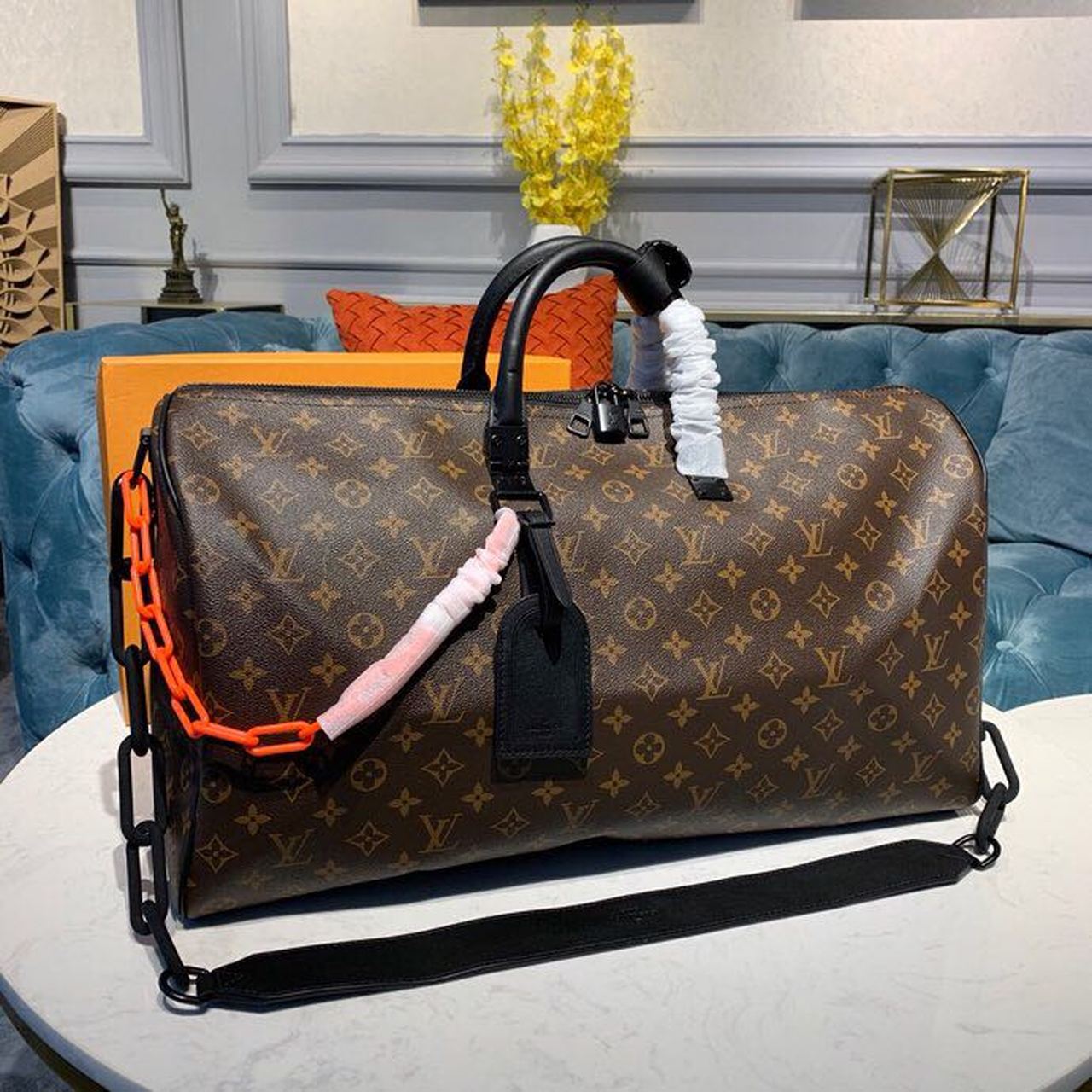 L0vis Vvtt0n Keepall Bandouliere 50 Monogram Solar Ray Canvas Black/Orange By Virgil Abloh 19.7in/50cm LV M44471