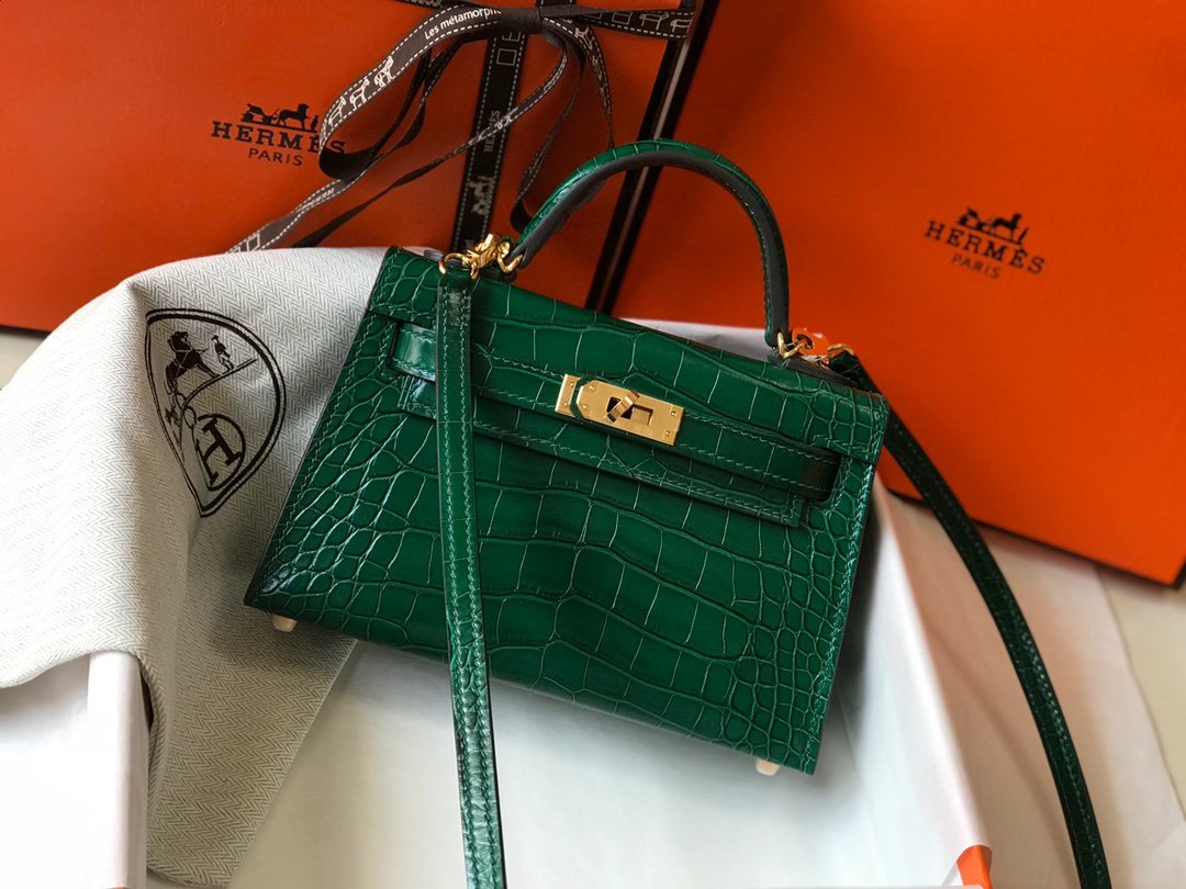 H**me5 Mini Kelly 19 Green Crocodile Bag For Women, Women’s Handbags, Shoulder Bags 7.5in/19cm