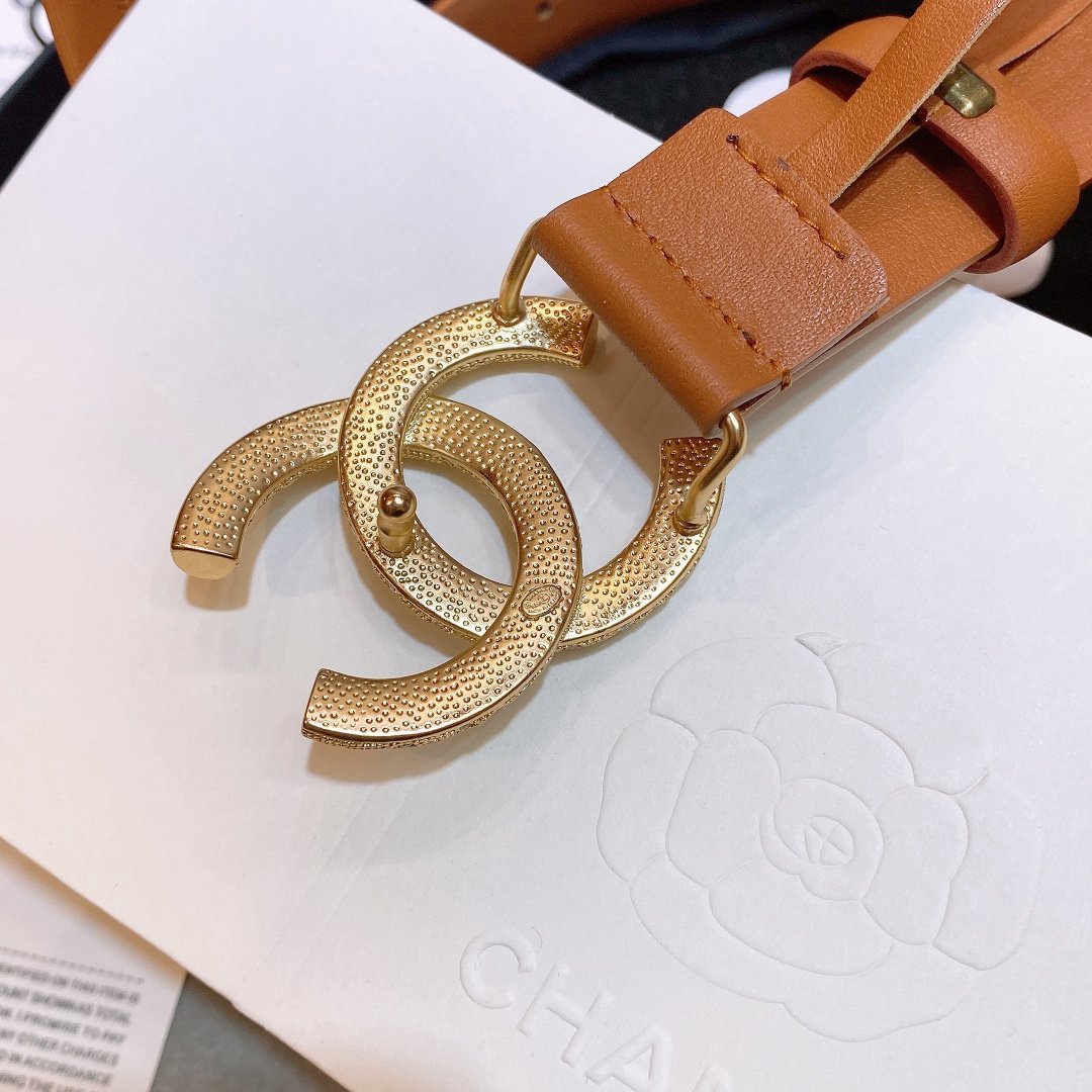 Ch**el Brown Belt With Double C Buckle Gold-Toned and Strass Metal Women Belt