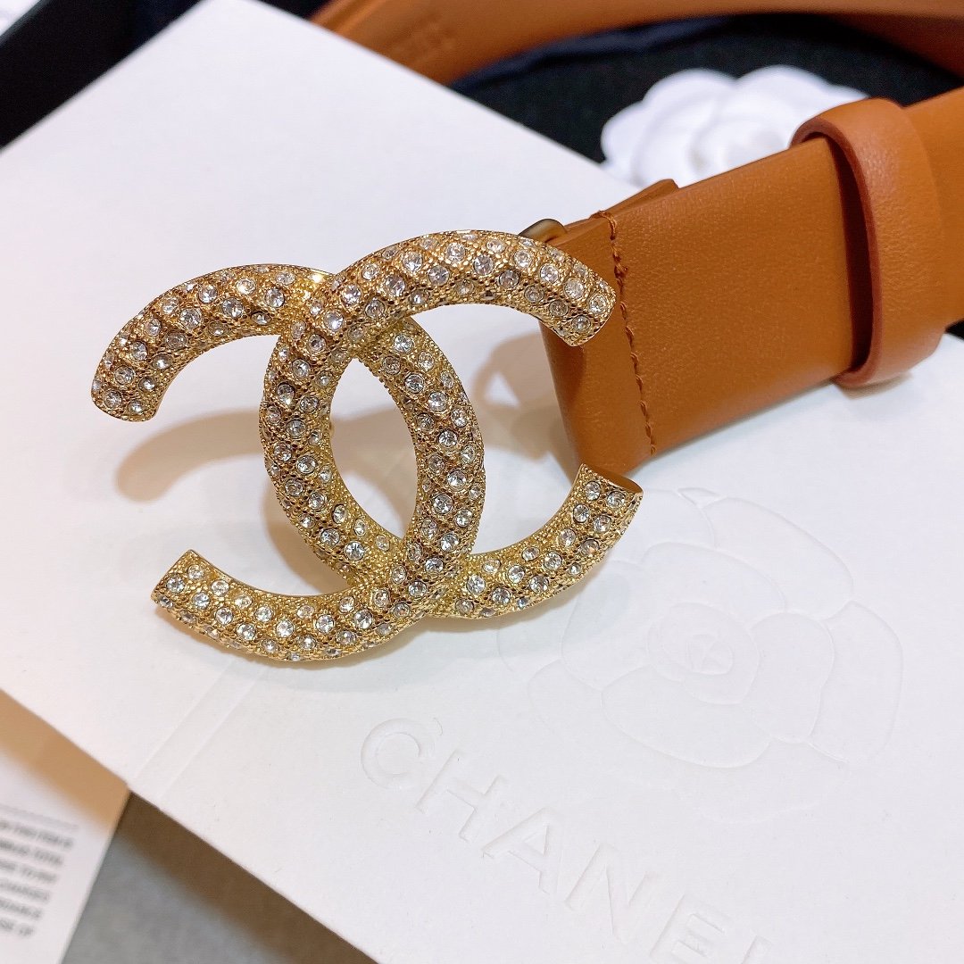 Ch**el Brown Belt With Double C Buckle Gold-Toned and Strass Metal Women Belt