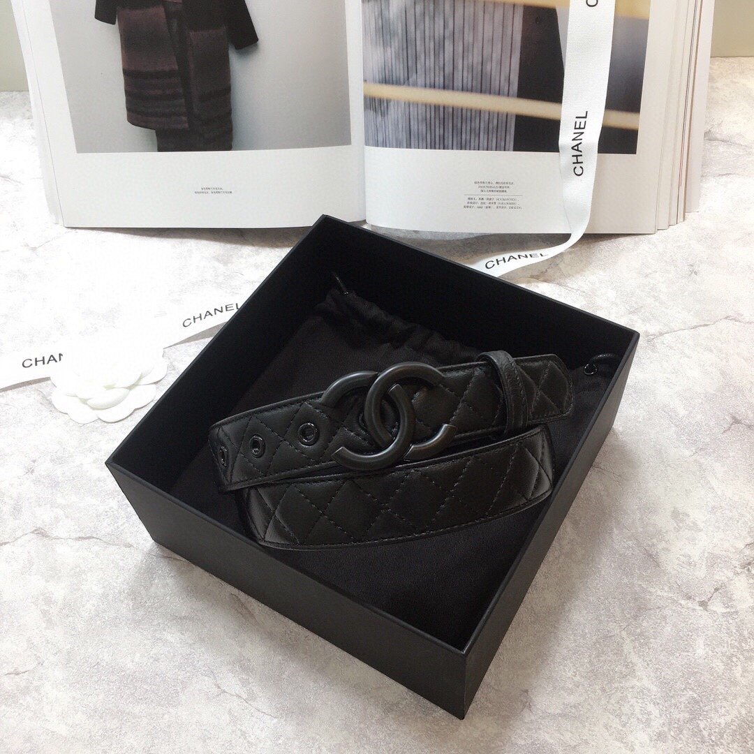 Ch**el Belt Quilted With Double C Buckle Black With Black Hardware Women Belt