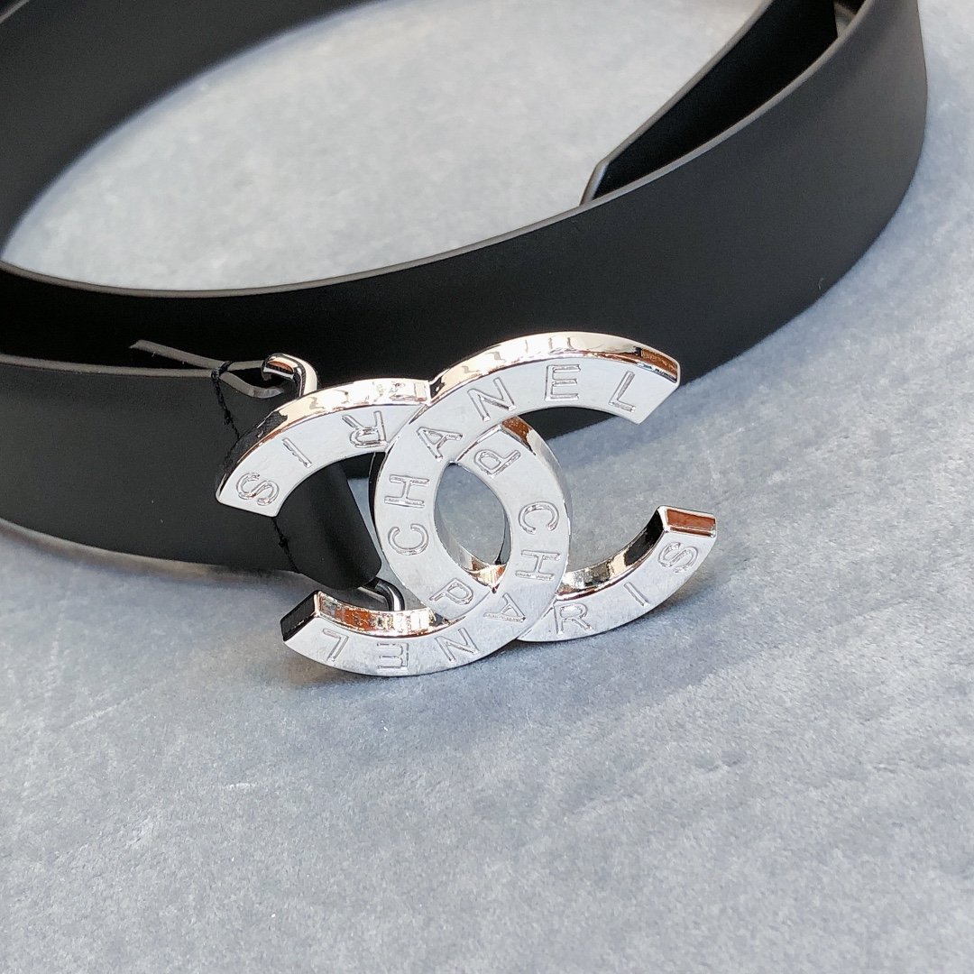 Ch**el Belt With Double C Buckle Black With Full Silver Hardware Women Belt