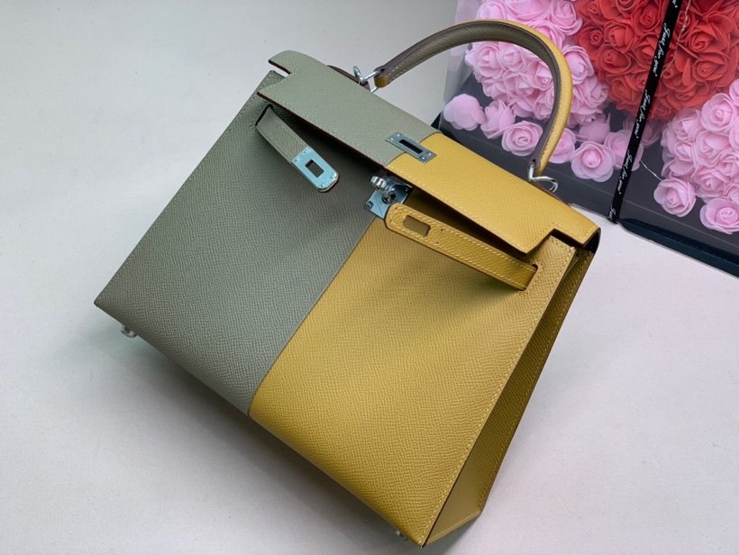 H**me5 Kelly 28 Sellier Epsom Bag Grey/Yellow For Women, Women’s Handbags, Shoulder Bags 11in/28cm