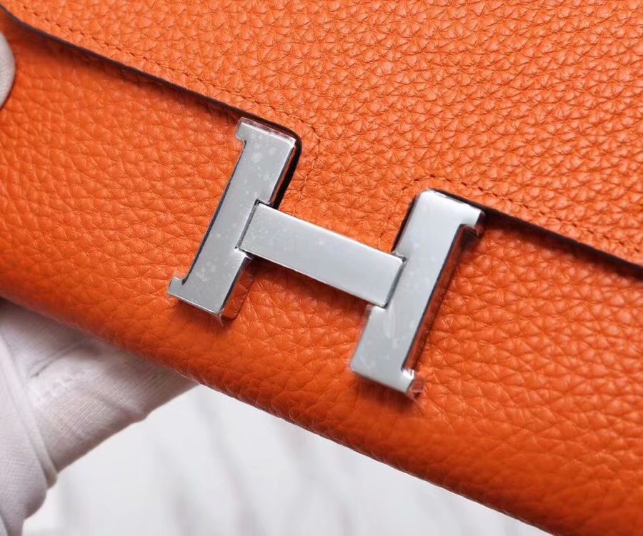 H**me5 Constance Togo Long Wallet 20cm/7.9in Silver Toned Hardware For Women Orange