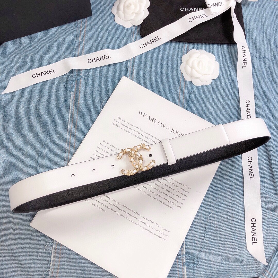 Ch**el Belt With Double C Buckle White Gold Toned Hardware Women Belt