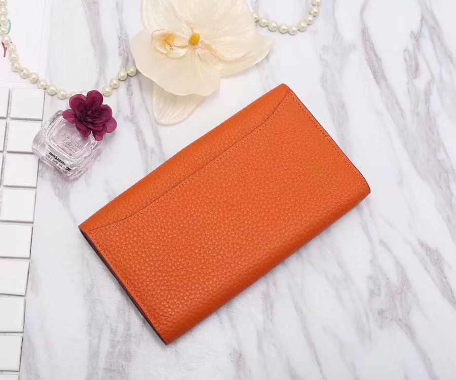 H**me5 Constance Togo Long Wallet 20cm/7.9in Silver Toned Hardware For Women Orange