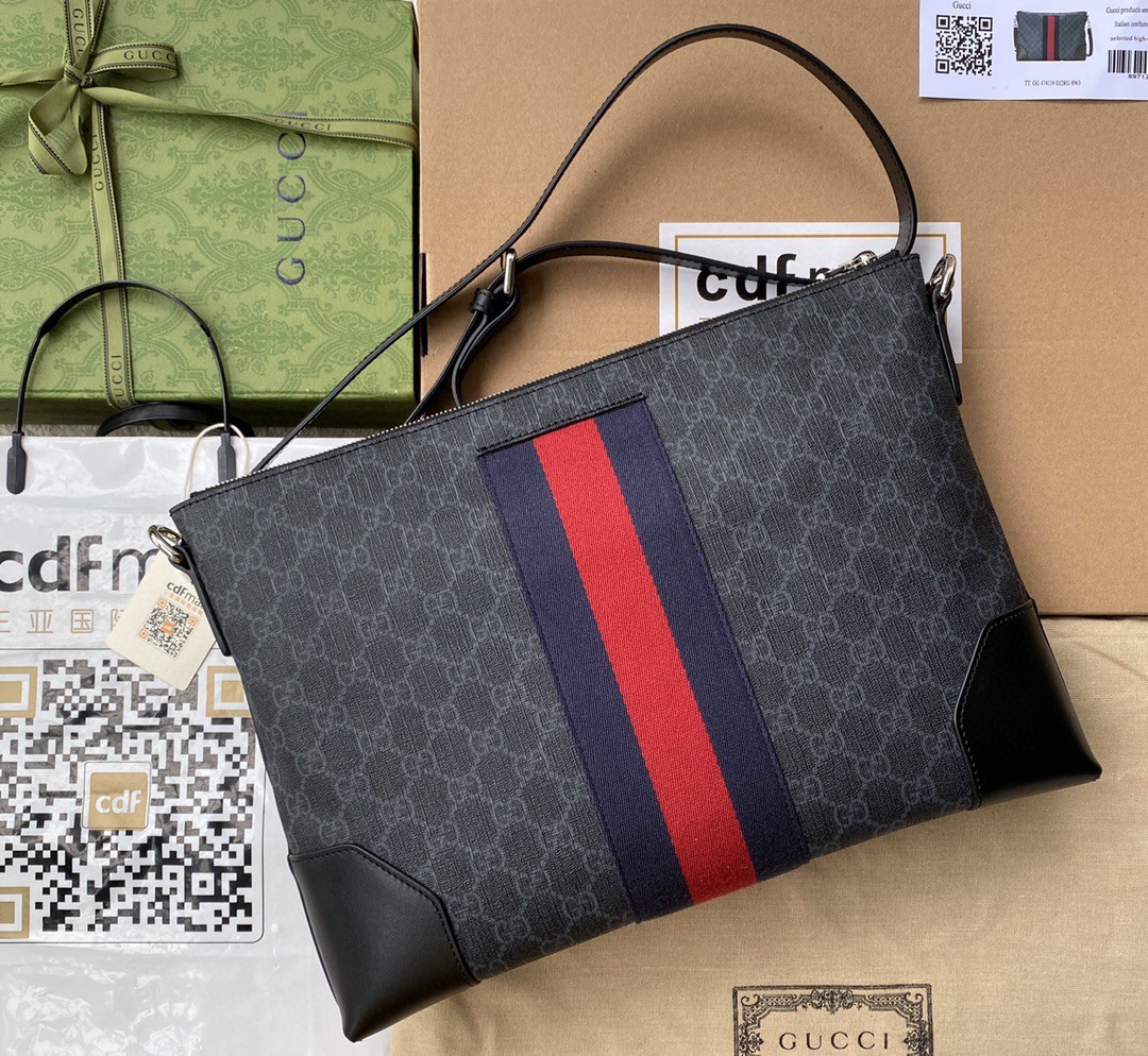 Gvc*1 Black Messenger Black/Grey GG Svp*me Canvas Blue And Red Web For Men 14in/35cm 474139 K5ICN 1095