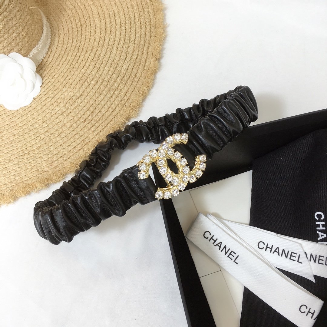 Ch**el Belt With Double C Buckle Black With Gold-Toned Metal and Strass Hardware Women Belt