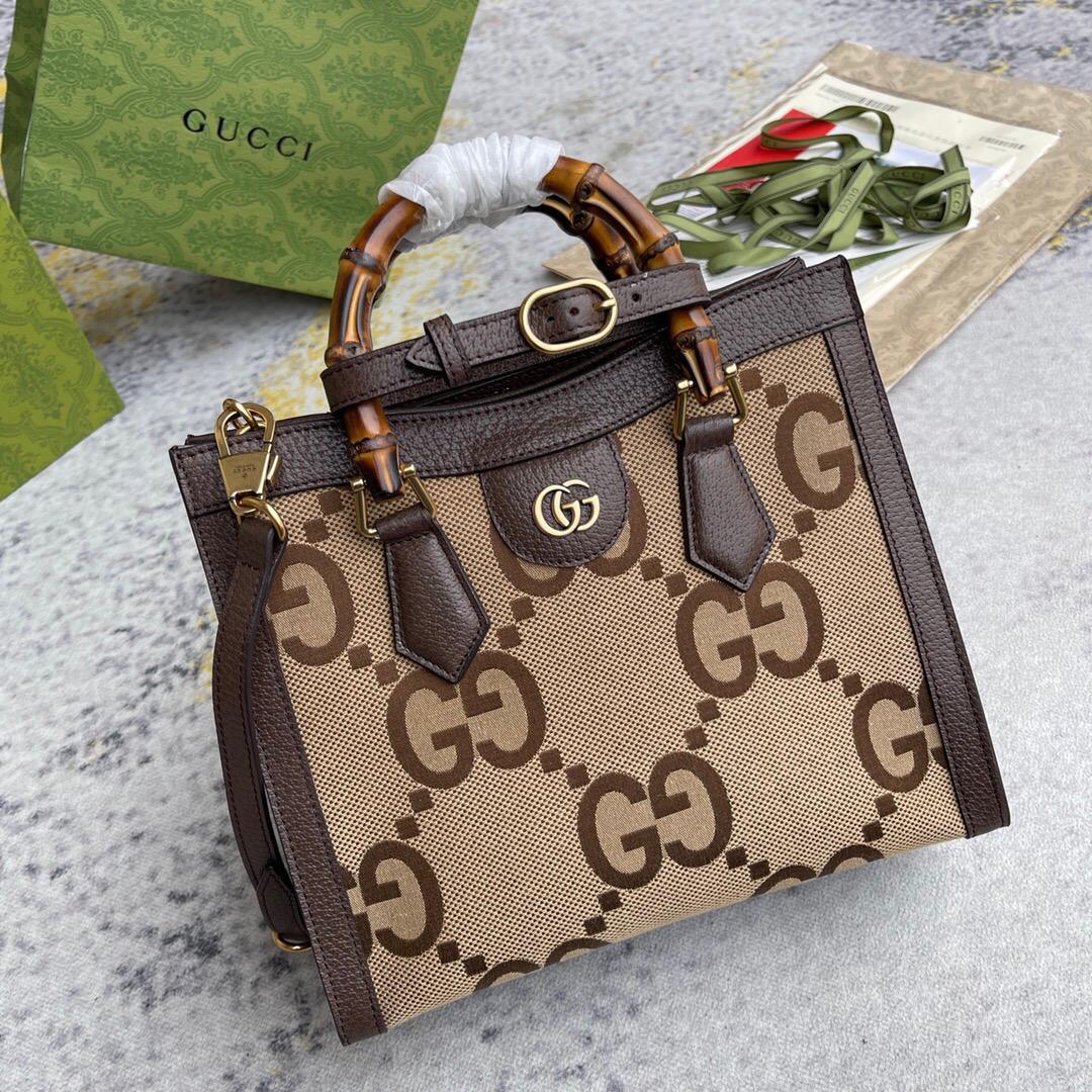 Gvc*1 Diana Jumbo GG Small Tote Bag Camel And Ebony Jumbo GG Canvas Brown For Women 11in/28cm 660195 UKMFT 2672