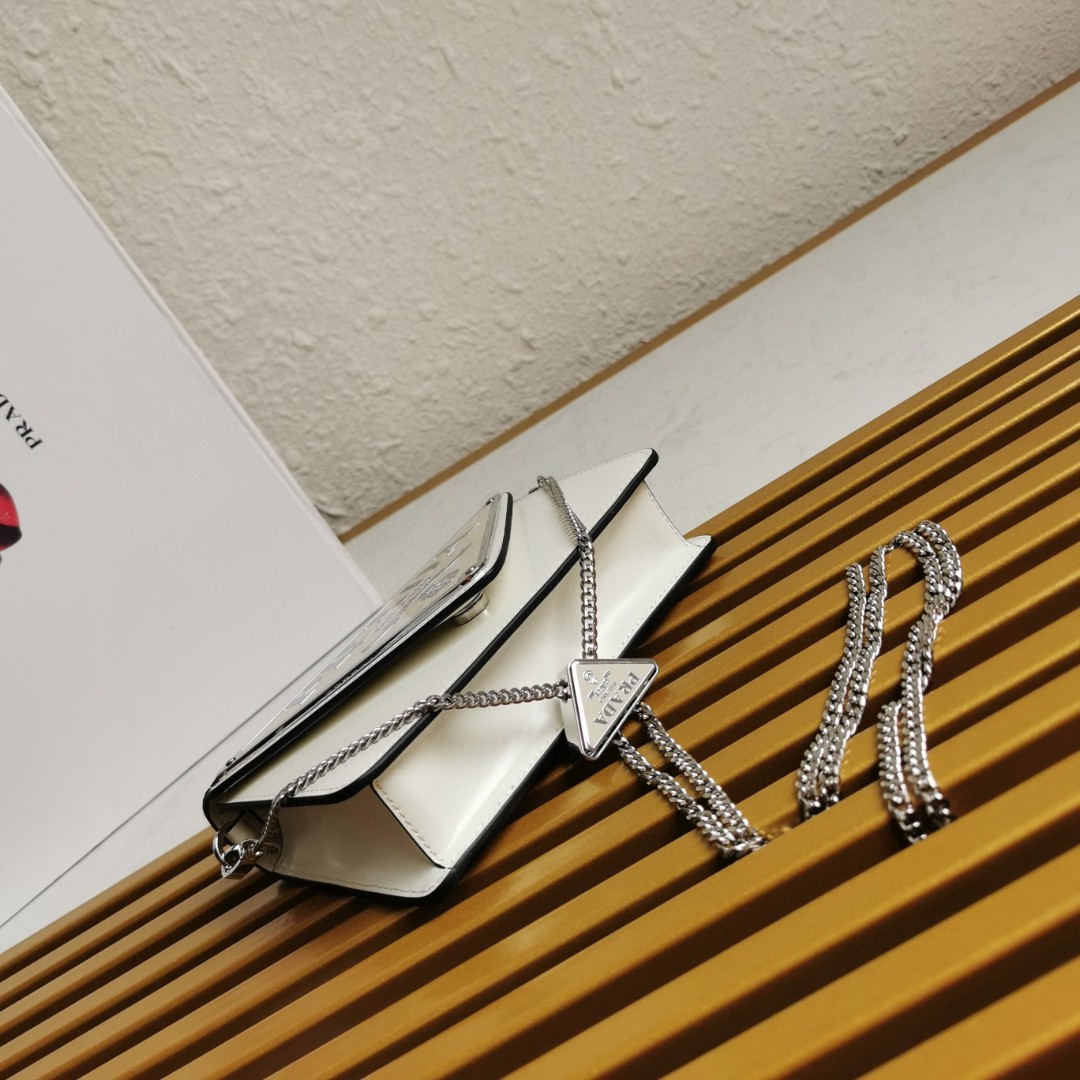 Pra*a Brushed Shoulder Bag White For Women, Women’s Bags 6.7in/17cm