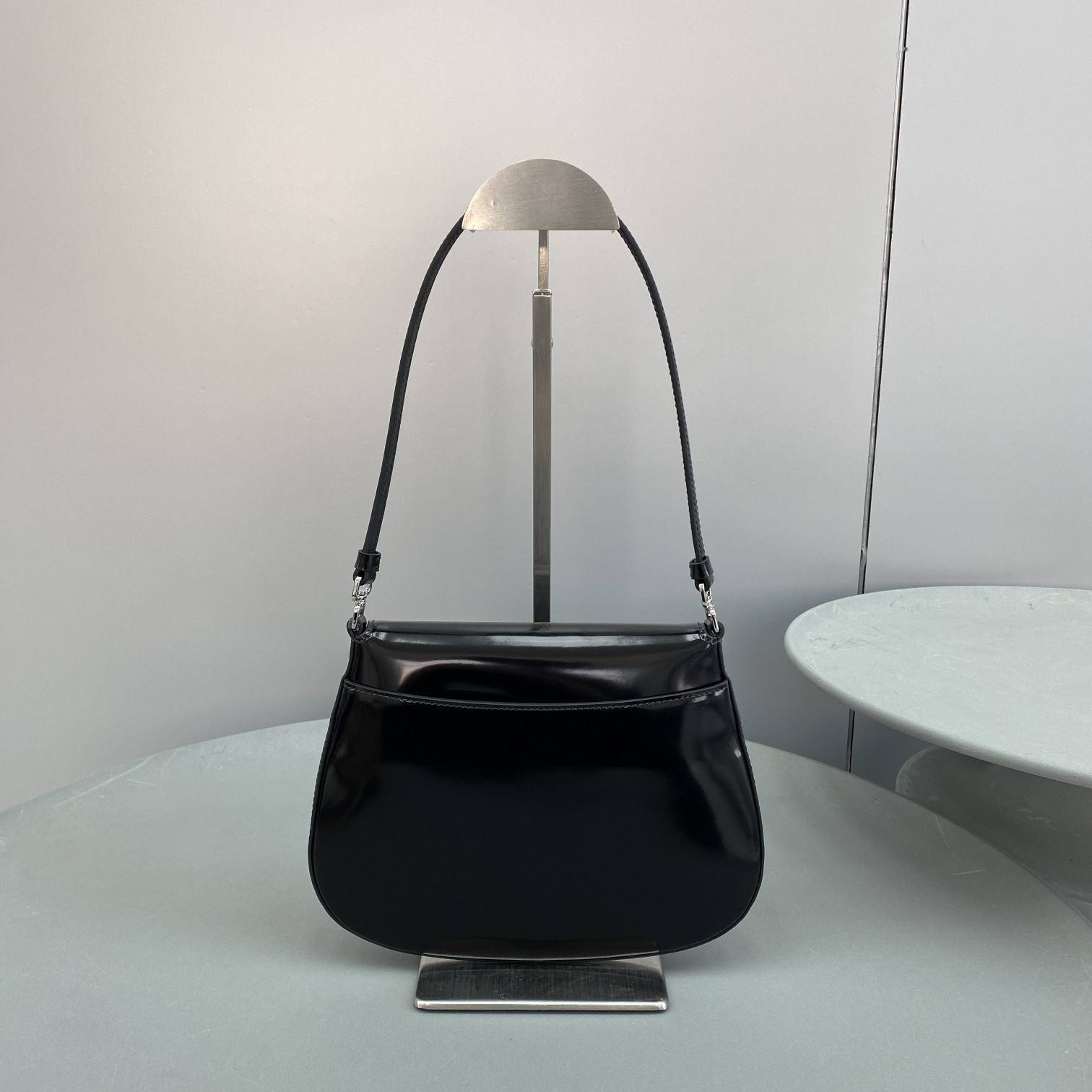 Pra*a Cleo Brushed Shoulder Bag With Flap Black For Women, Women’s Bags 8.6in/22cm 1BD311_ZO6_F0002_V_OOO