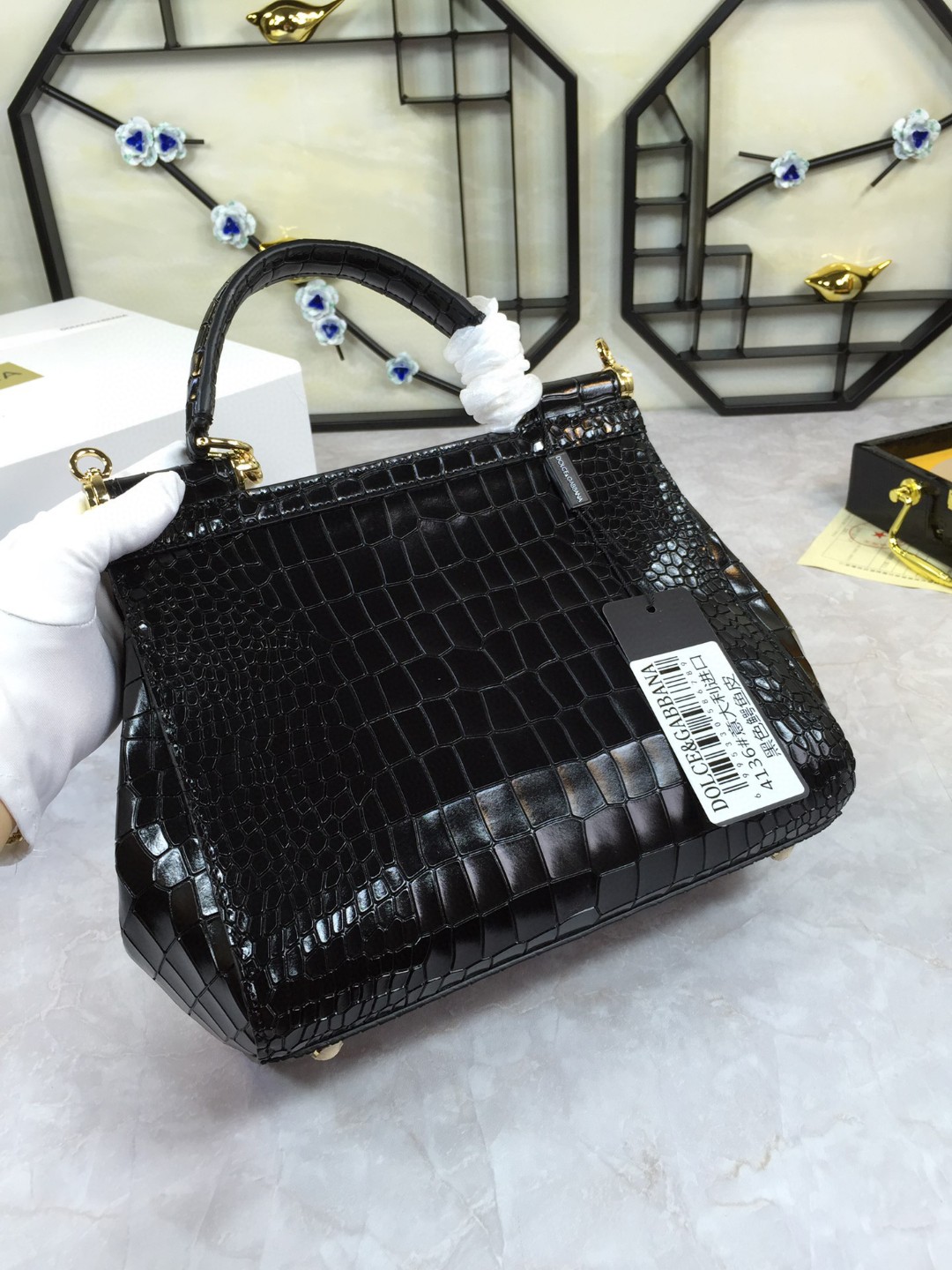 Dolce & Gabbana Medium Sicily Bag In Foiled Crocodile-Print Black For Women 10.2in/26cm DG