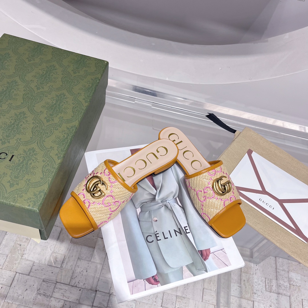 Gvc*1 Women’s GG Raffia Effect Slide Orange For Women GG 701106 UWB90 9670