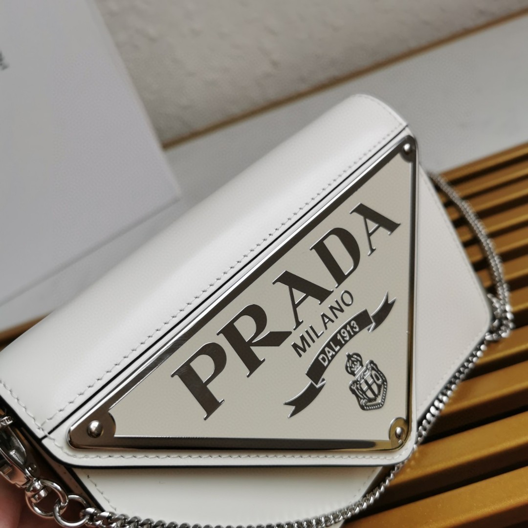 Pra*a Brushed Shoulder Bag White For Women, Women’s Bags 6.7in/17cm
