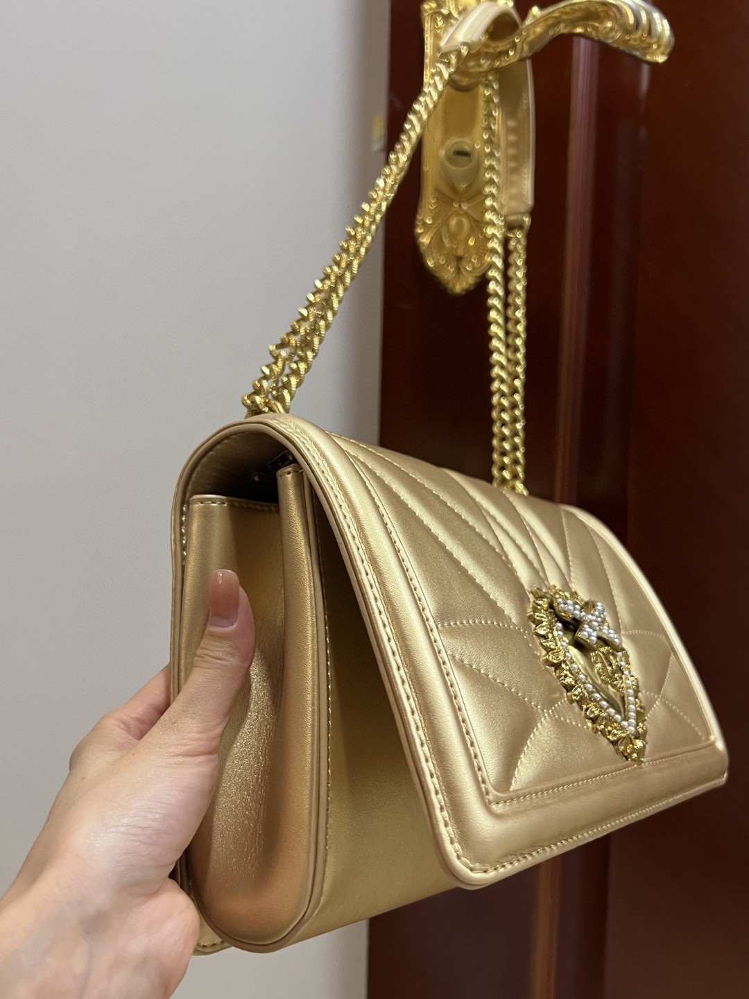 Dolce & Gabbana Large Devotion Bag In Quilted Nappa Gold For Women 10in/26cm DG