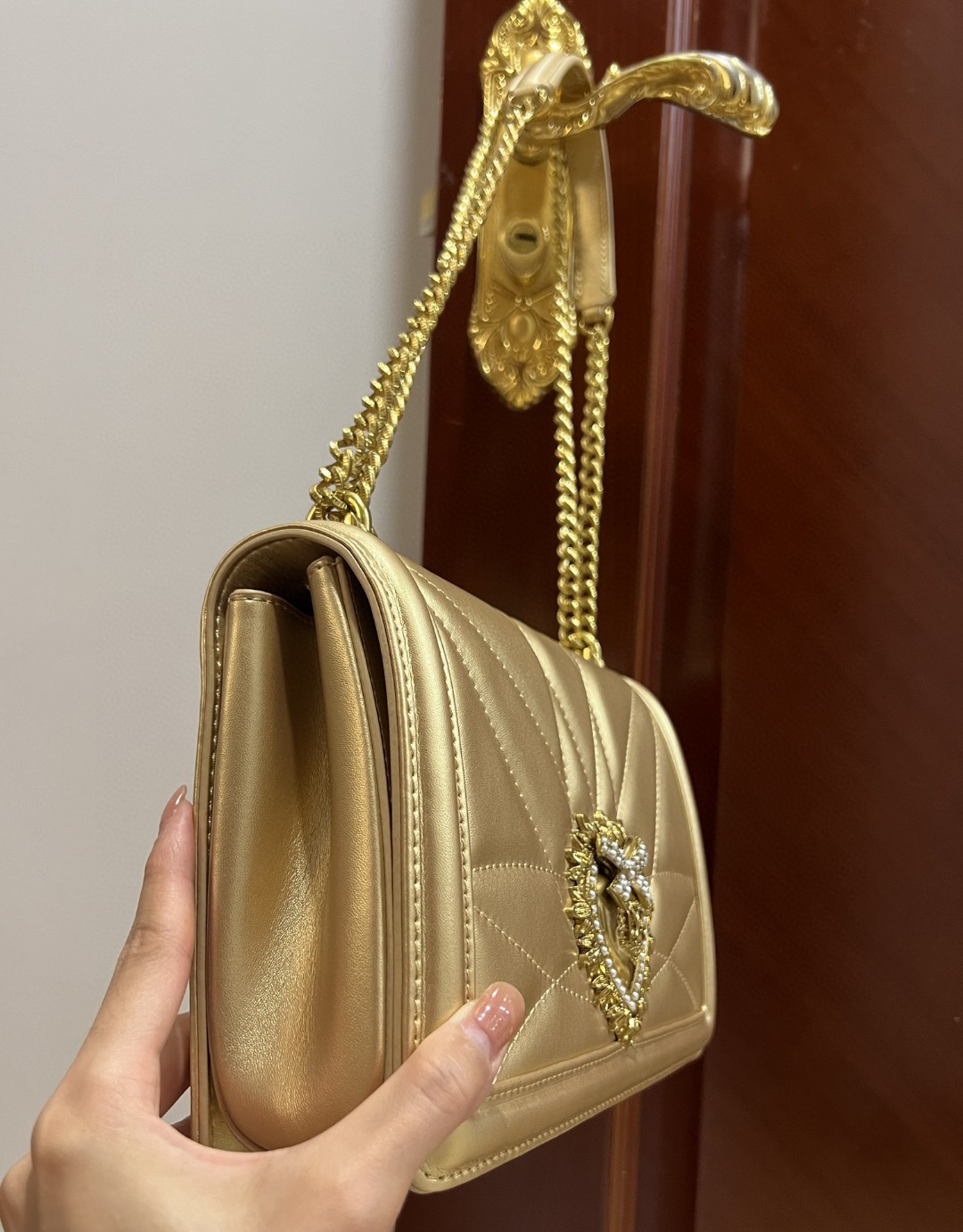 Dolce & Gabbana Large Devotion Bag In Quilted Nappa Gold For Women 10in/26cm DG