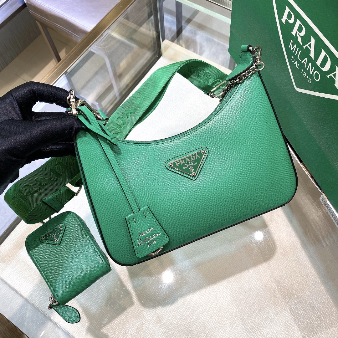Pra*a Re-Edition 2005 Saffiano Leather Bag Green For Women, Women’s Bags 8.6in/22cm