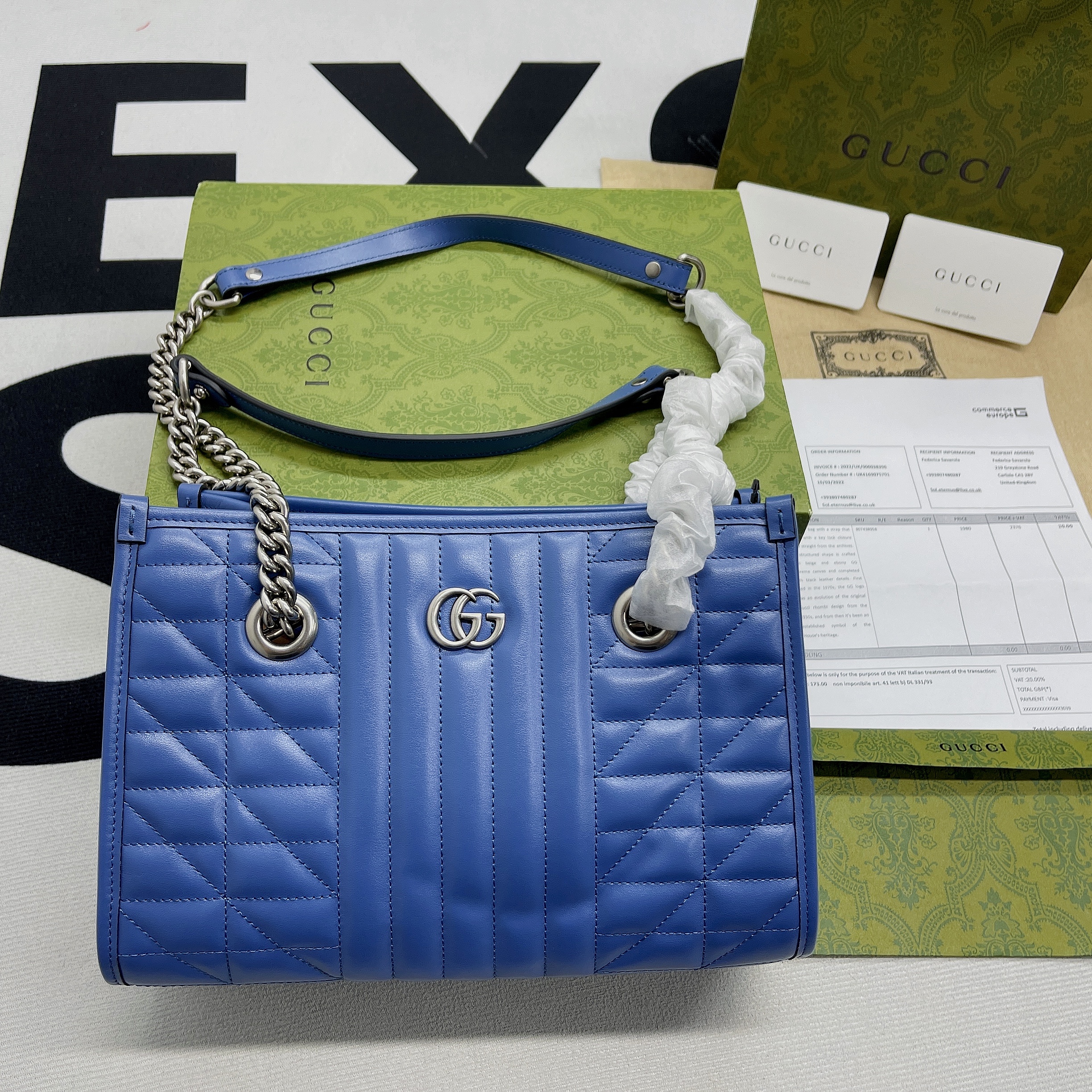 [True-to-ORIGINAL] Gvc*1 Marmont Small Matelasse Tote Blue For Women, Women’s Bags 26.5 in/10.4cm GG ‎‎675796 UM8BF 4340