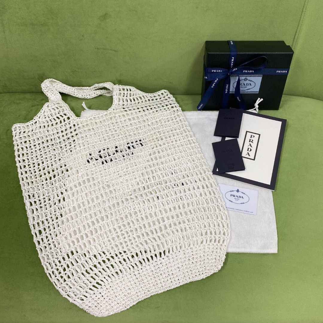 Pra*a Raffia Tote Bag White For Women, Women’s Bags 20in/51cm 1BG424_2A2T_F0009_V_OOO