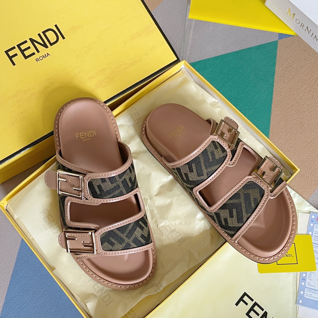 F**di Feel Brown FF Fabric Slides For Women 8X8326AEGVF1HHG