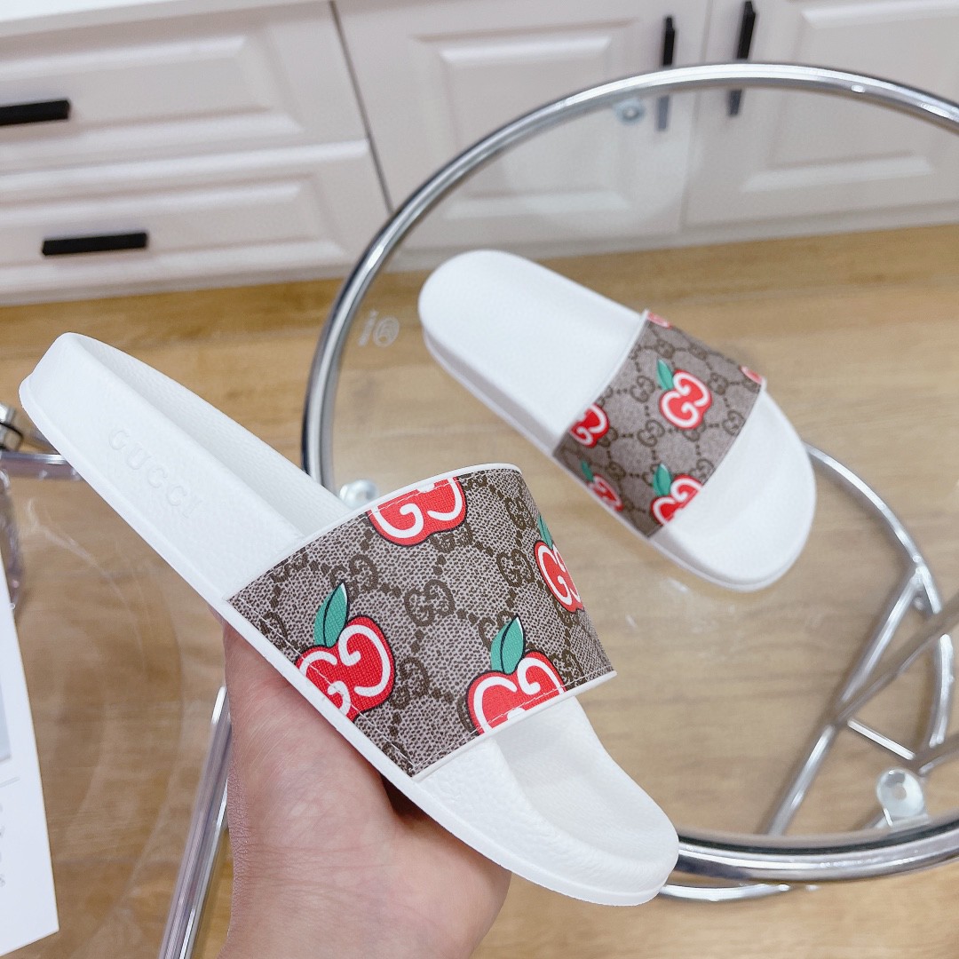 Gvc*1 Men’s GG Slide Sandal With GG Apple White And Brown For Men 407345