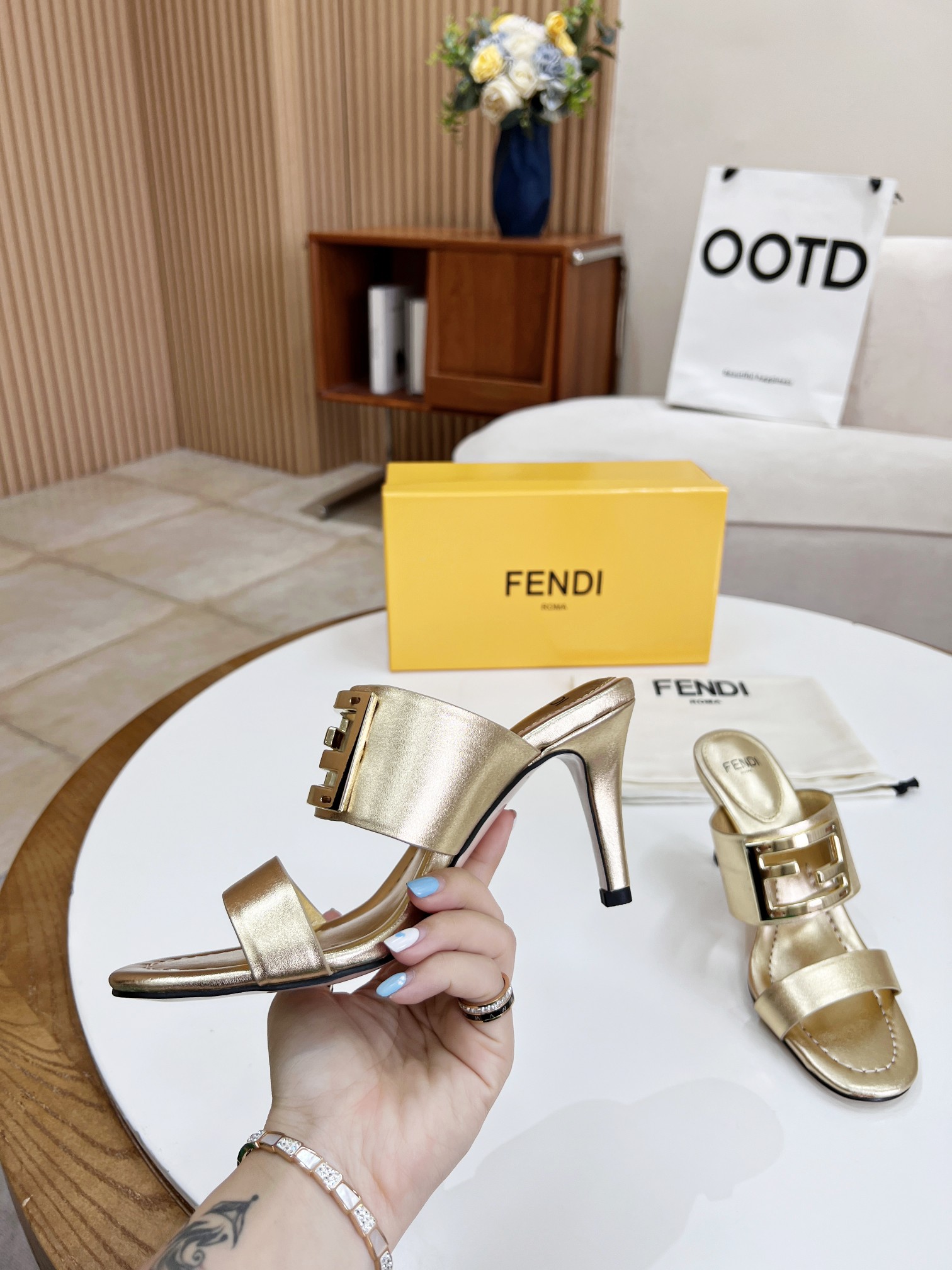 F**di Baguette Gold Heels For Women
