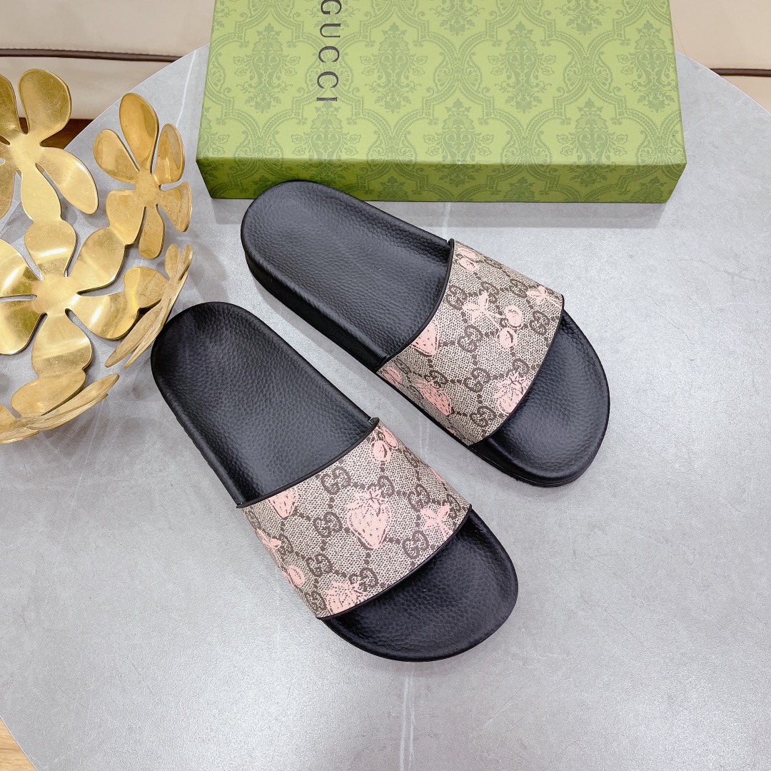 Gvc*1 Women’s GG Slide Sandal With Strawberry And Cherry Black For Women 407345