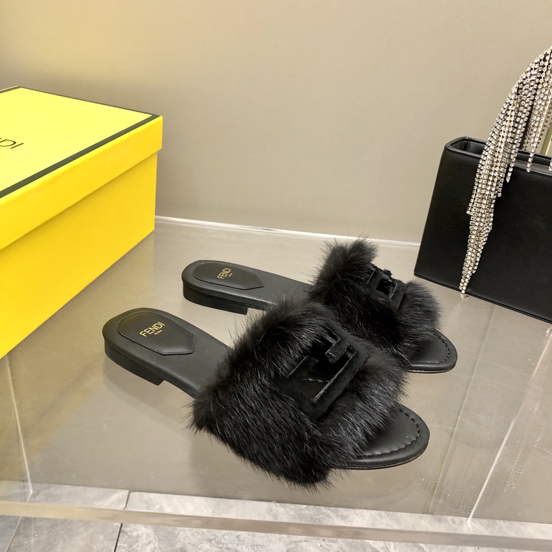 F**di Signature Black Mink Slides For Women
