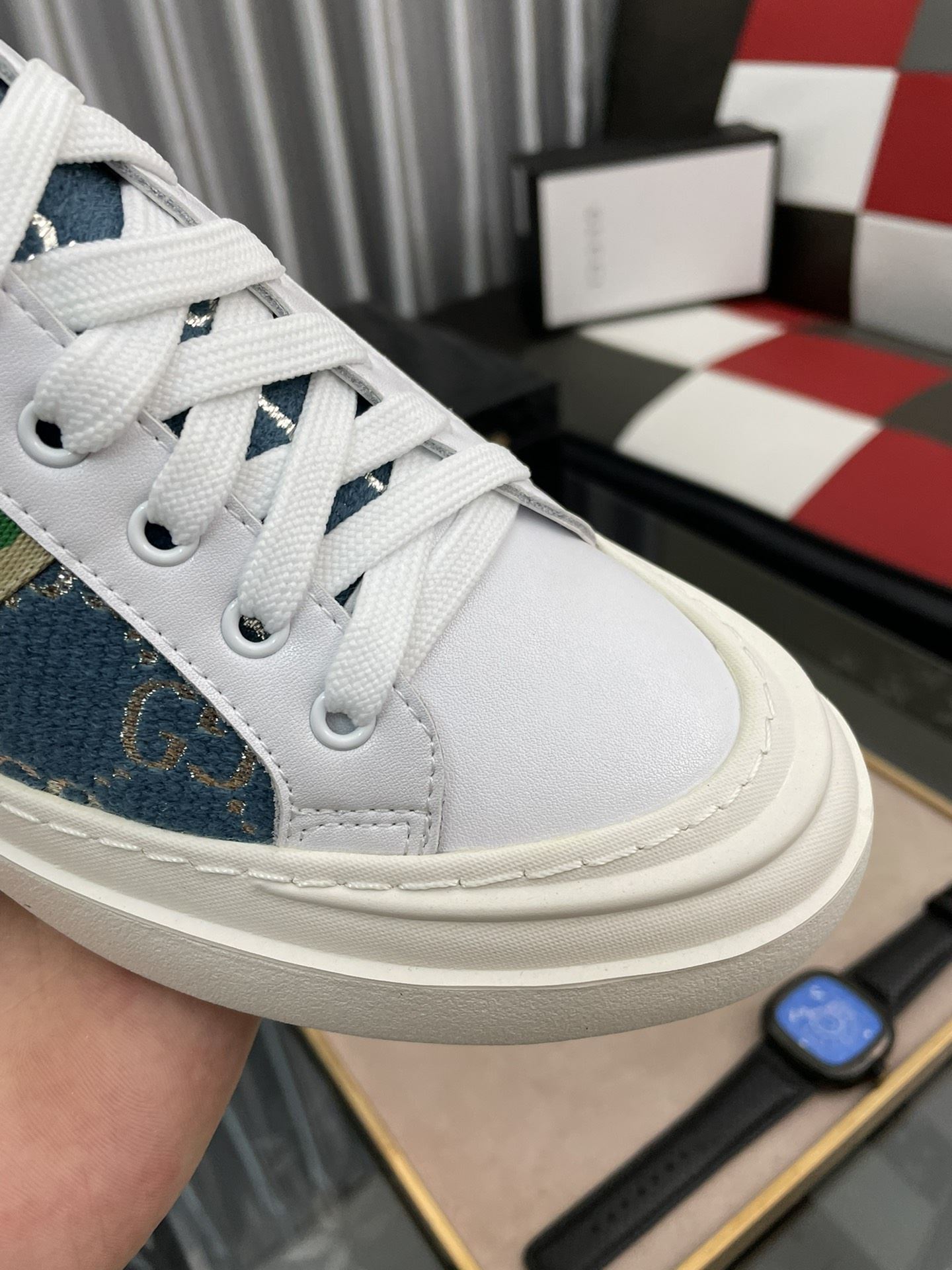 Gvc*1 Men’s GG Embroidery Sneaker With Web White And Blue For Men