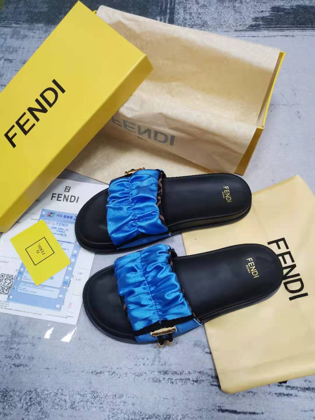 F**di Feel Blue Satin Slides For Women
