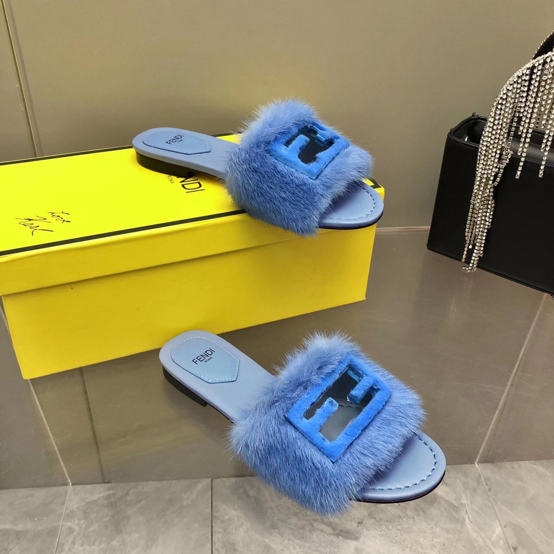 F**di Signature Blue Mink Slides For Women
