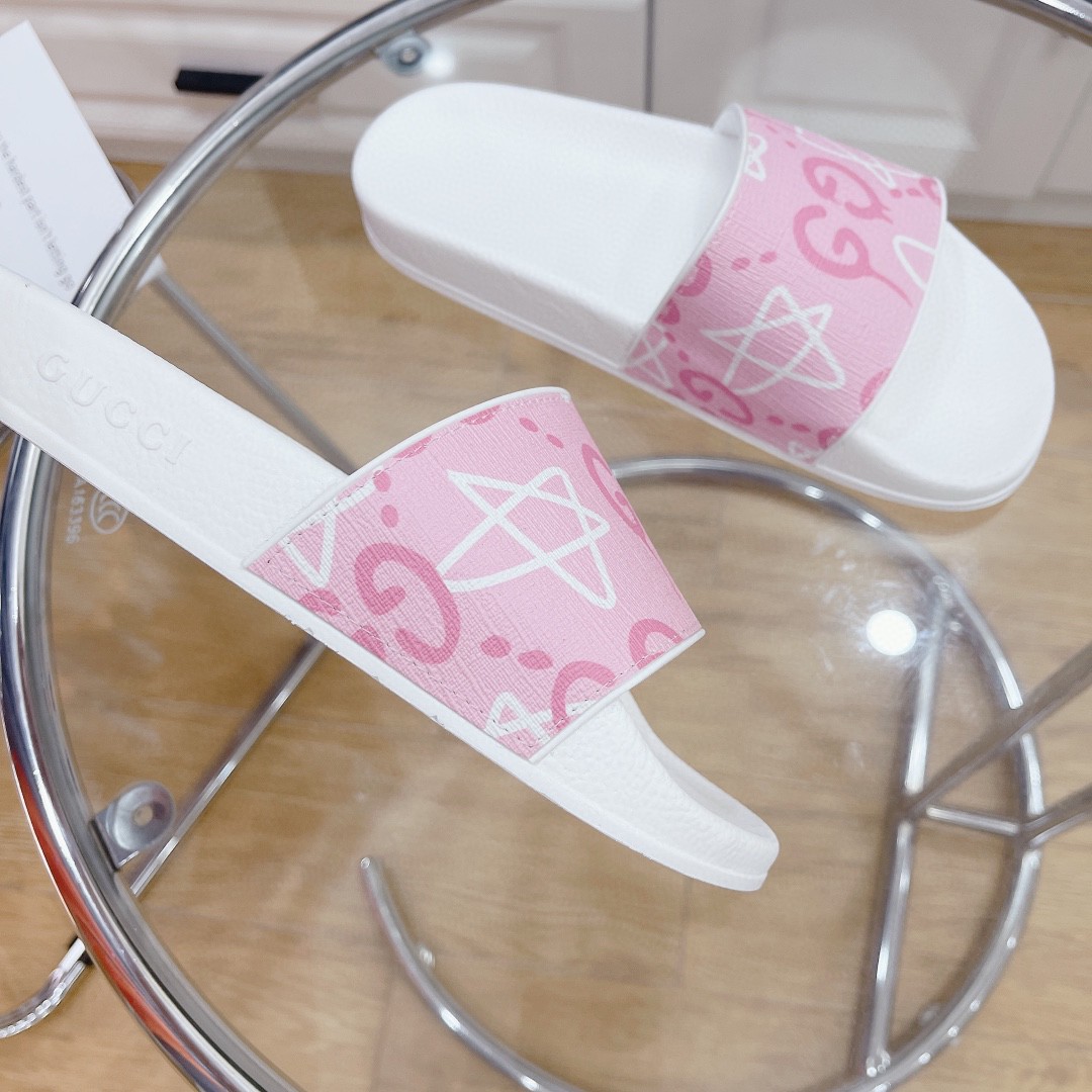 Gvc*1 Women’s GG Stars Print Slide Sandal Pink And White For Women 408508