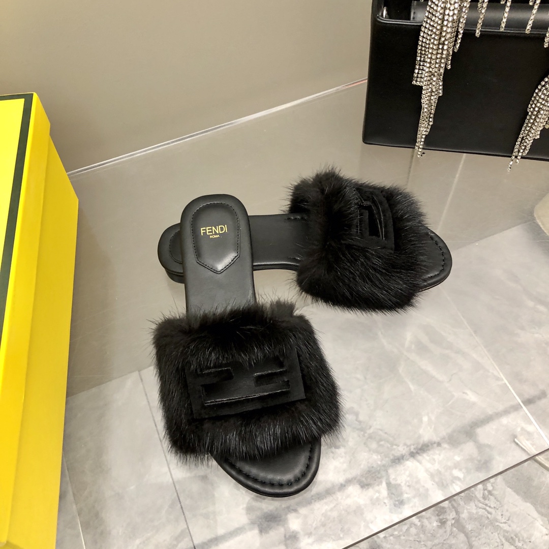 F**di Signature Black Mink Slides For Women