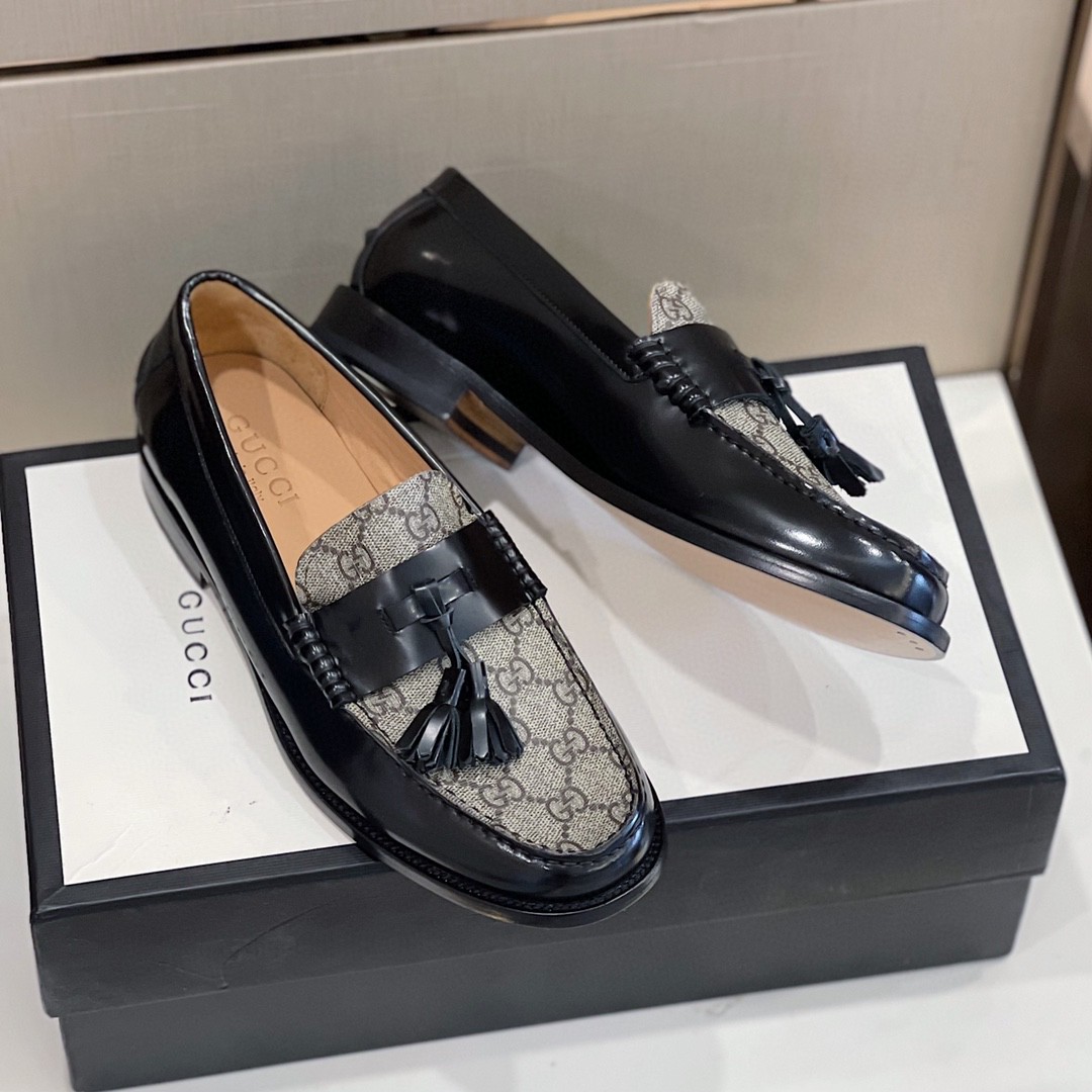 Gvc*1 Men’s GG Loafers Horsebit With Tassel Black And Beige For Men 673817 17X30 1063