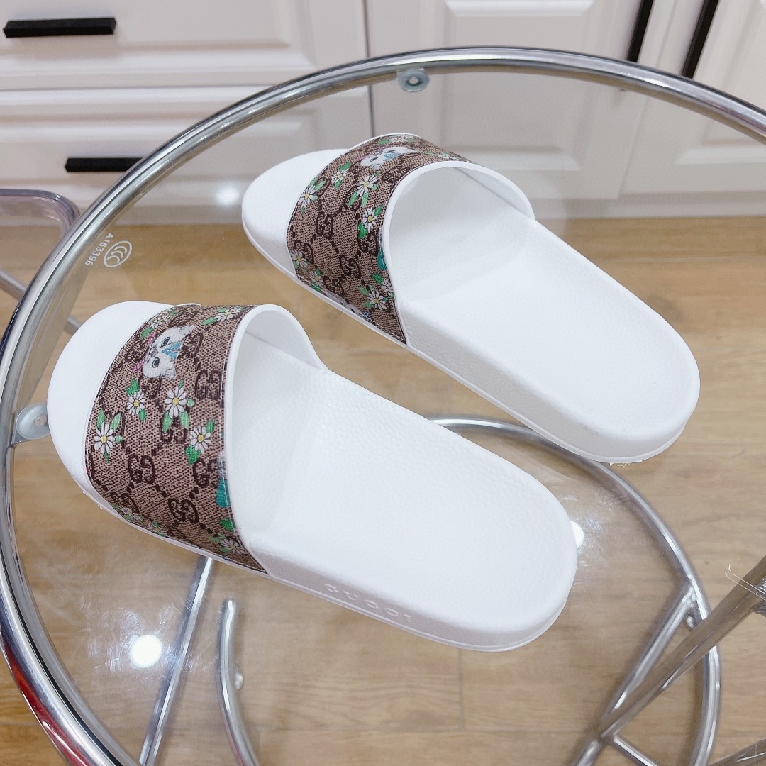 Gvc*1 Women’s GG Slide Sandal With Cat White And Brown For Women 407345