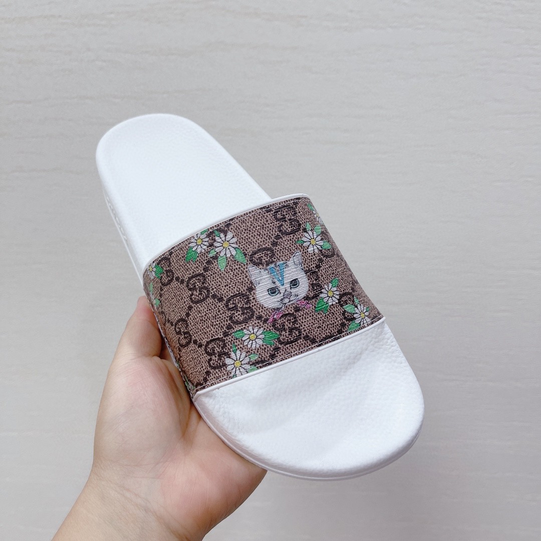 Gvc*1 Women’s GG Slide Sandal With Cat White And Brown For Women 407345