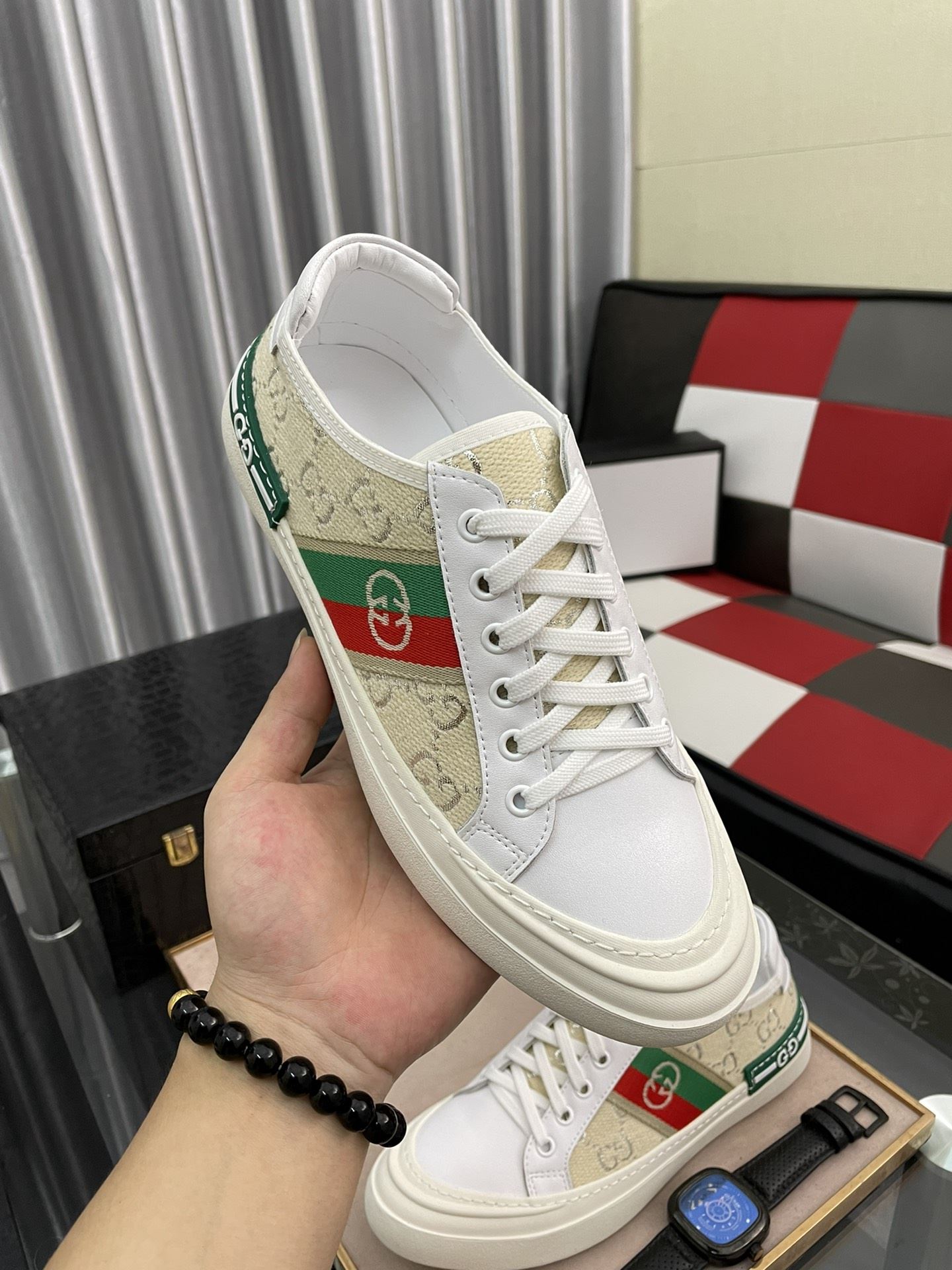 Gvc*1 Men’s GG Embroidery Sneaker With Web White And Beige For Men