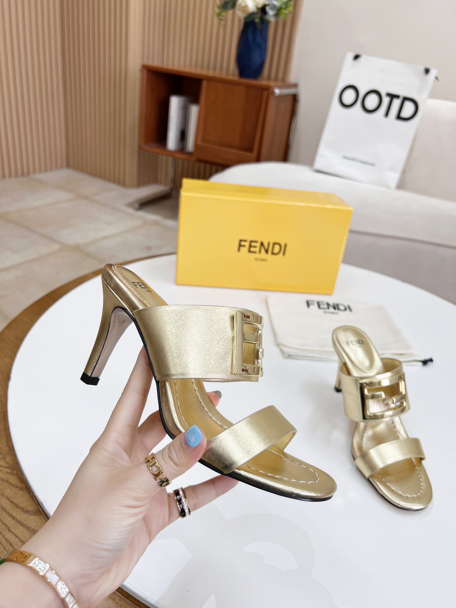 F**di Baguette Gold Heels For Women