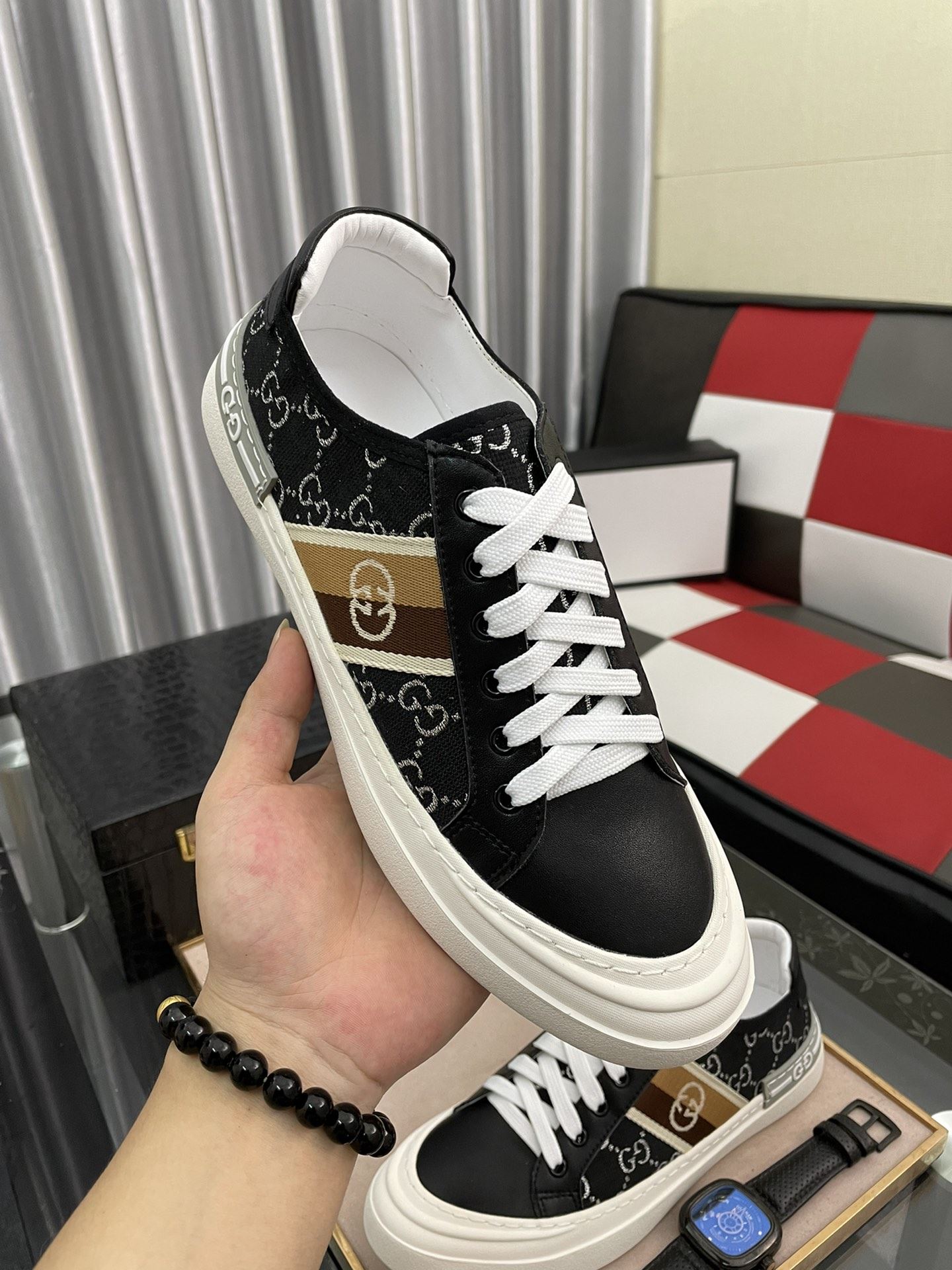 Gvc*1 Men’s GG Embroidery Sneaker With Web Black For Men