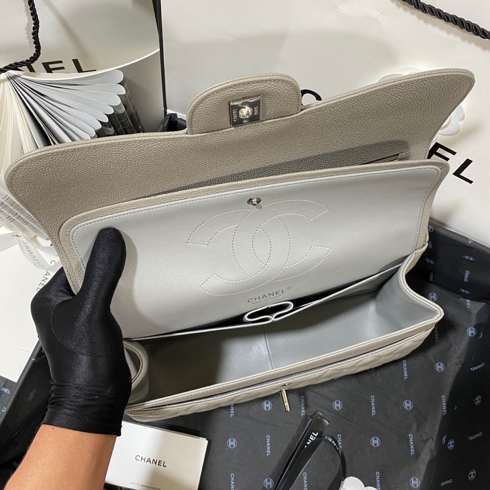 Ch**el Large Classic Handbag Silver Hardware Grey For Women, Women’s Handbags, Shoulder Bags 11.8in/30cm