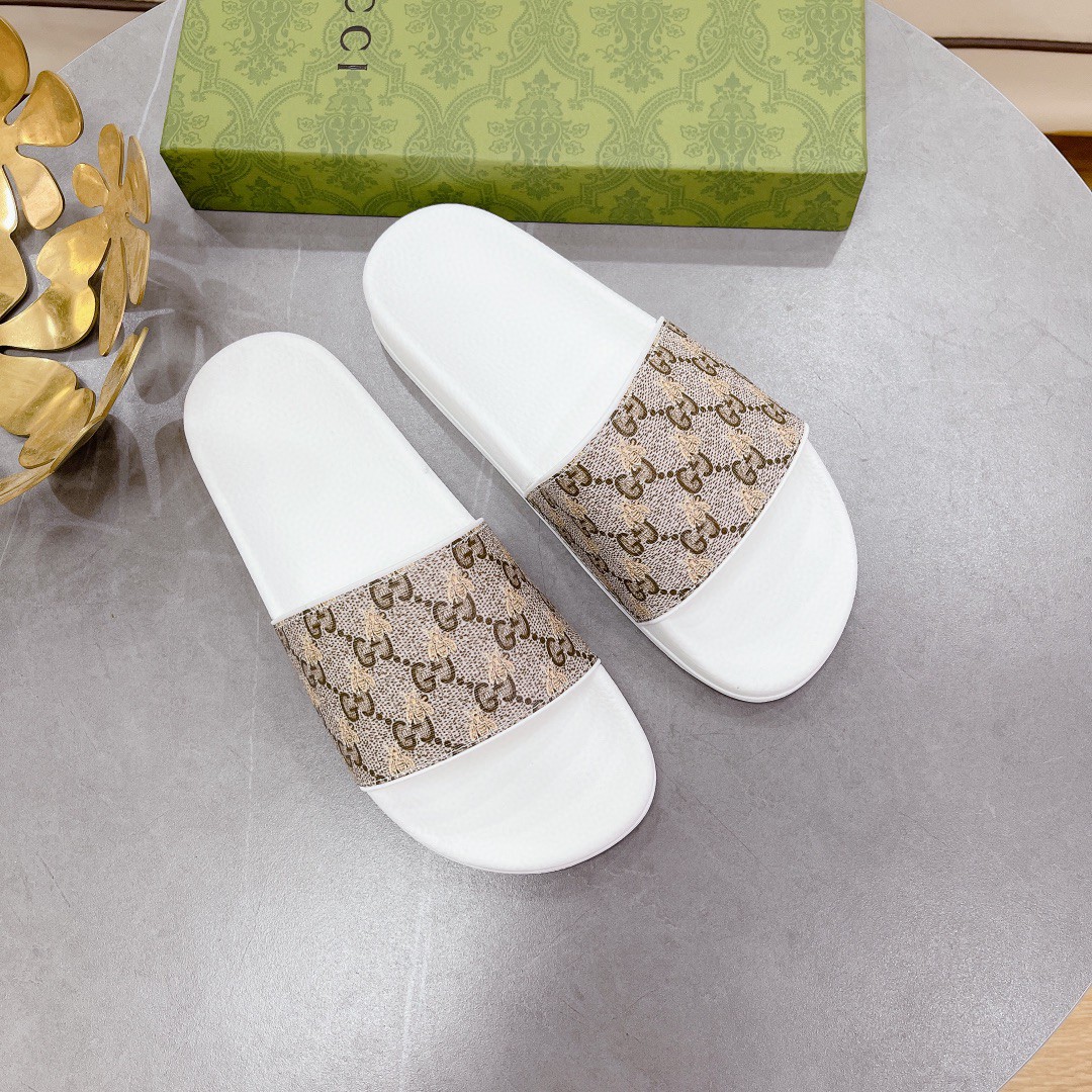 Gvc*1 Women’s GG Slide Sandal With Bees White And Brown For Women 407345