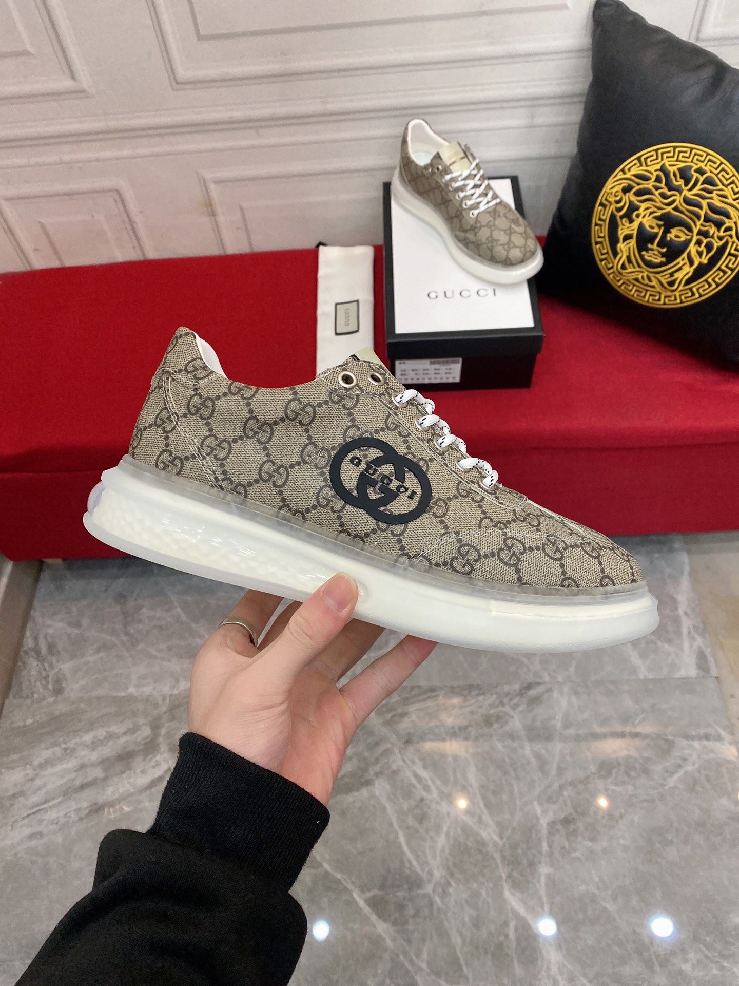 Gvc*1 Men’s Sneaker With GG Gvc*1 Print Brown And Gray For Men