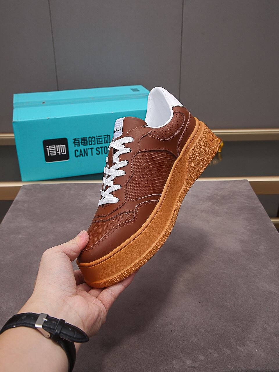 Gvc*1 Men’s GG Embossed Sneaker Brown For Men 669582