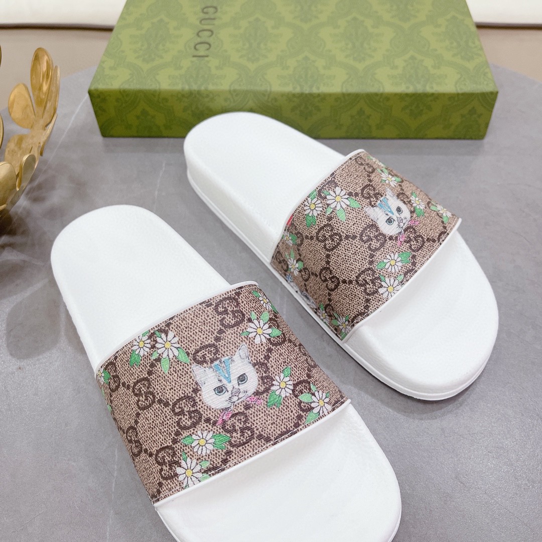 Gvc*1 Women’s GG Slide Sandal With Cat White And Brown For Women 407345